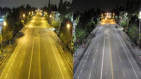 Photo showing HPS and LED street lights comparision