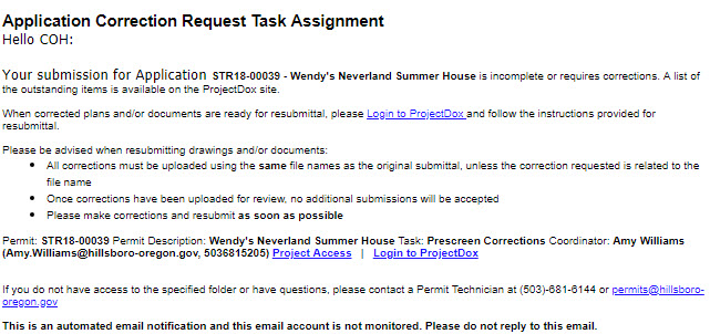 Prescreen Corrections Task - Image of Email Notification of Task