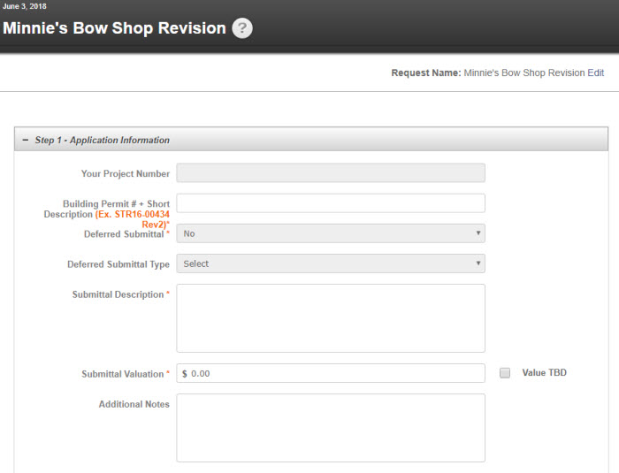 Revision Submittal Application Process - Image of Application Form