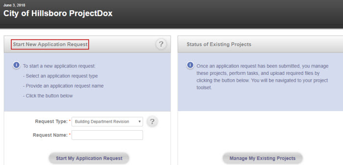 Revision Submittal Application Process - Image of Start New Application Reqst Location