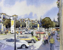 A rendering of what the future South Hillsboro development will look like. The rendering includes townhouses, residents walking on sidewalks, trees and foliage, diagonal parking, and streetlights with banners boasting community events. 