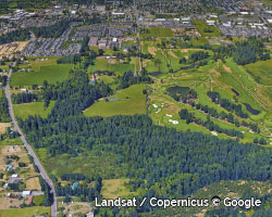 A bird's eye view of the undeveloped area where the proposed Witch Hazel Village South expansion would take place.