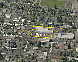 An aerial view of Block 67, located between SE Washington Street and SE Baseline Street, and between 6th Avenue and 7th Avenue.