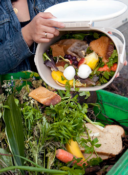 Woman dumping food scraps into the yard debris bin