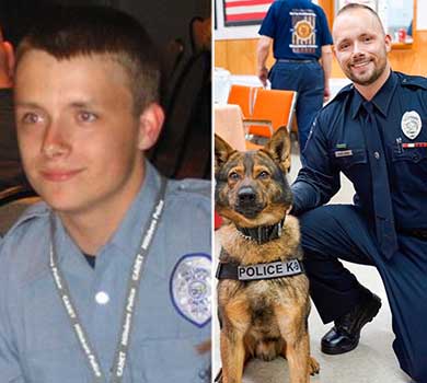 Then and now pictures of Officer David Bonn as a cadet and now as a Police Officer posing with a K-9