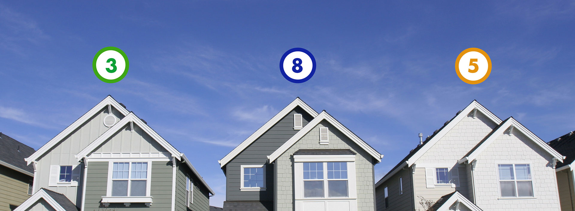 A row of homes in a neighborhood with their home energy above them in bubbles