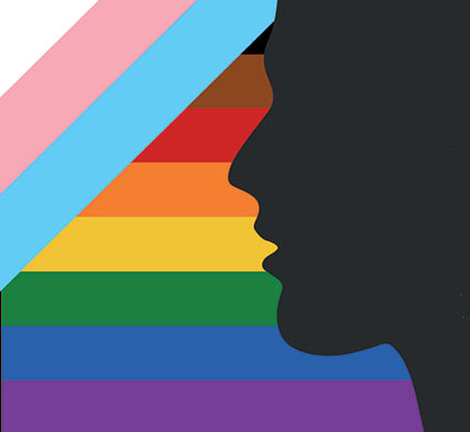 A person's profile in front of Pride flag and Trans Pride flag colors