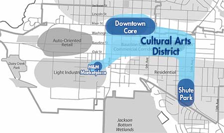 A map of Hillsboro's Cultural Arts District, which stretches from M&M Marketplace on the southeast side of the City, through the Downtown Core surrounding the Baseline and Oak Street Commercial Corridor and follows 10th Avenue down to Shute Park