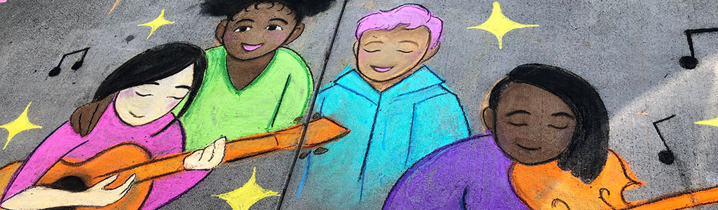 Chalk art depicts a diverse group of people singing and playing music together