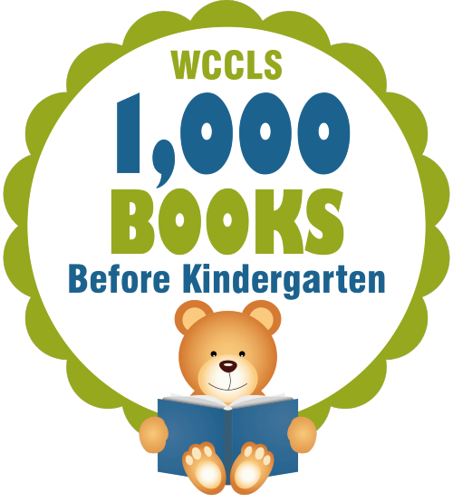 WCCLS 1,000 Books Before Kindergarten Logo with a brown teddy bear reading a book