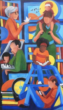 Artistic depiction of people reading and learning