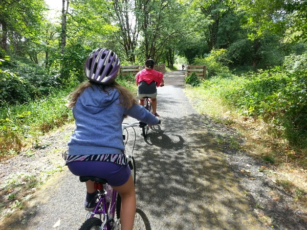 Two people riding bikes on a tree lined path