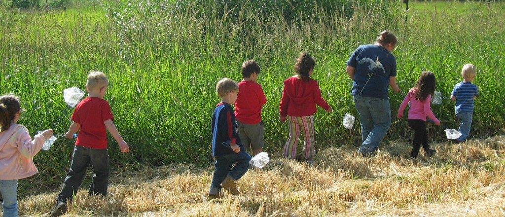 Young kids walking in a field with small nets