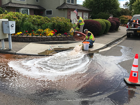 Crews flushing a water main at a hydrant and temporarily flooding a neighborhood street