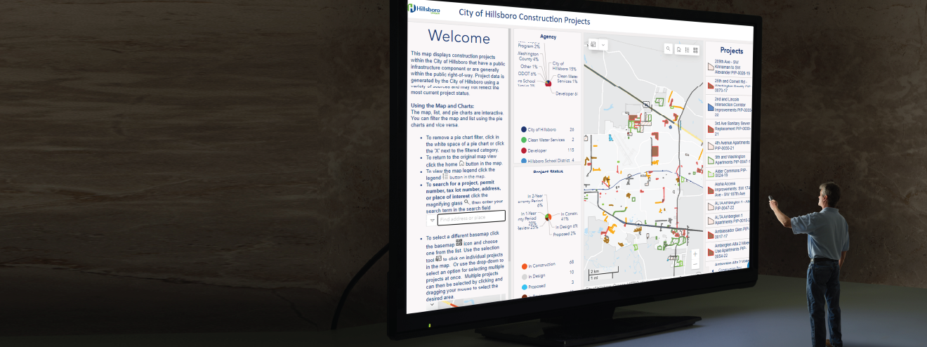 Man looking at Hillsboro Construction Projects on giant computer monitor