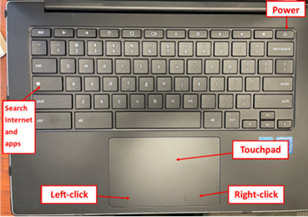 Chromebook keyboard with label for power button, search internet and apps, touchpad, left-click and right-click. Call the library at 503-615-6500 for assistance interpreting this graphic.