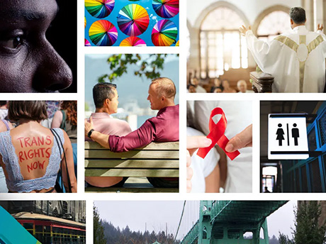 Collage includes rainbow umbrellas, bathroom icons, two men on a park bench, Trans Rights Now written on an activist's back, an AIDs ribbon, gay couple on a park bench