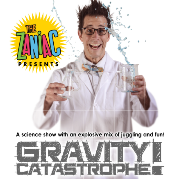 Gravity Catastrophe logo with man dressed as scientist