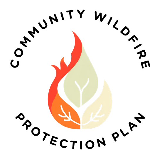 Flame in the shape of a leaf with the words community wildfire protection plan