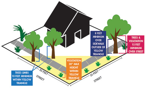 Figrue 2: Typical residential intersection vision clear zone. A diagram of intersection clear zones, including a 25 foot triangular clear zone for residential intersections, where objects may be no more than 30 inches high. Trees must be trimmed to 8 feet above sidewalks and 15 feet above roadways as of January 1, 2020.